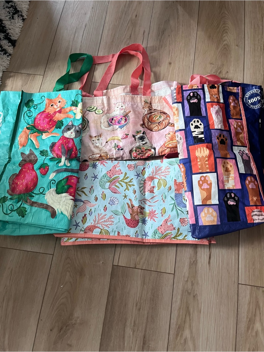 Homegoods TJMaxx Marshalls Cat strawberry & Cat ramen sushi Print Tote Set of 4